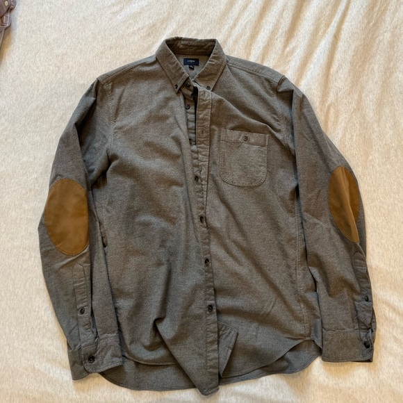 Men’s medium J Crew button-up, thick wool-like feel, grey with brown elbow pads - Picture 3 of 4